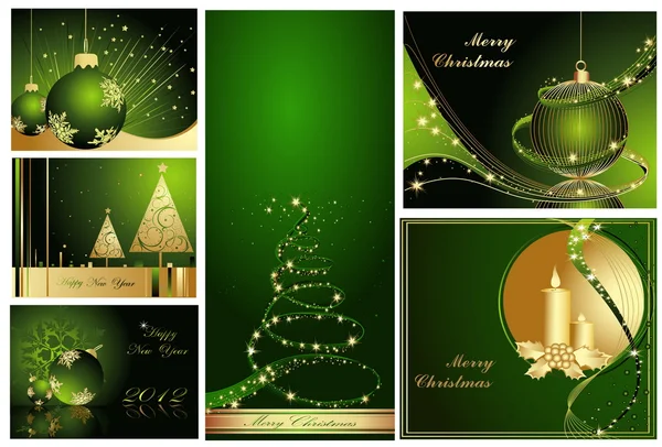 メリー クリスマスと新年あけましておめでとうございますコレクションのゴールドとグリーン — ストックベクタ