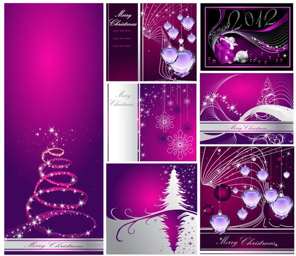 Vrolijk Kerstfeest en Gelukkig Nieuwjaar collectie zilver en violet — Stockvector