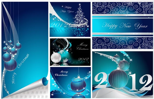 Feliz Navidad y Feliz Año Nuevo colección de plata y azul — Vector de stock
