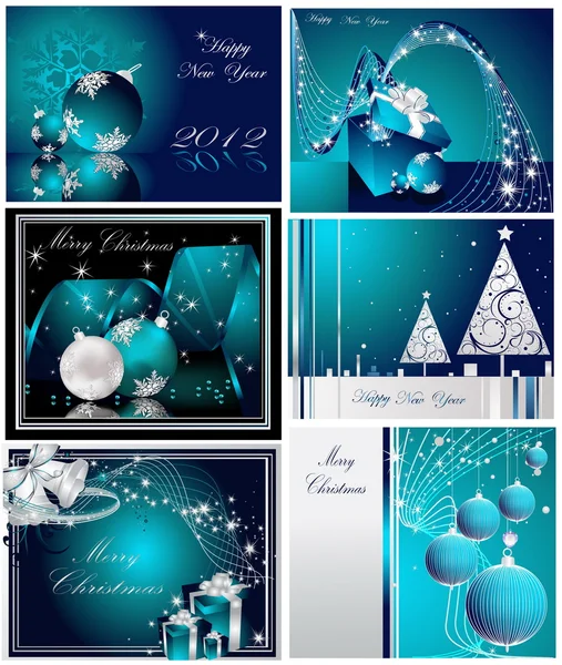 Feliz Navidad y Feliz Año Nuevo colección de plata y azul — Archivo Imágenes Vectoriales