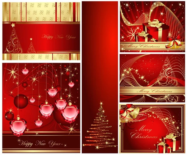 Boldog Karácsonyt és boldog új évet gyűjtése arany és piros — Stock Vector