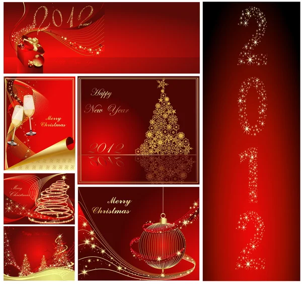 メリー クリスマスと新年あけましておめでとうございますコレクションのゴールドと赤 — ストックベクタ