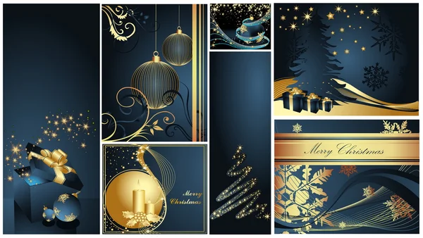 メリー クリスマスと新年あけましておめでとうございますコレクション金と青 — ストックベクタ