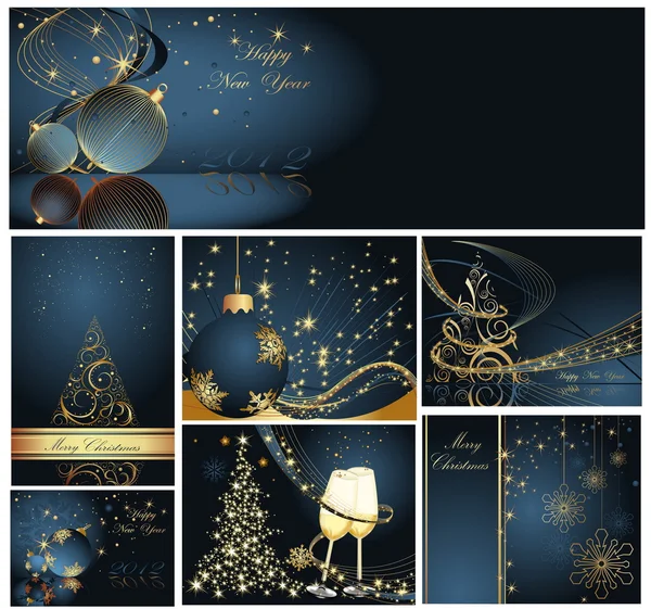 Veselé Vánoce a šťastný nový rok kolekce zlatá a modrá — Stockový vektor