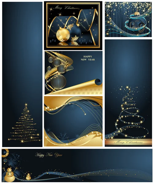 Joyeux Noël et bonne année collection or et bleu — Image vectorielle