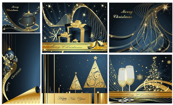 Merry Christmas and Happy New Year collection gold and blue — Stock Vector