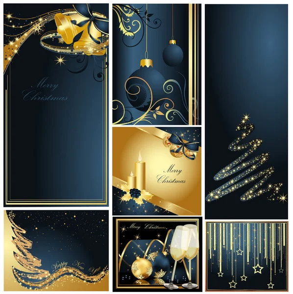 God jul och gott nytt år samling guld och blå — Stock vektor