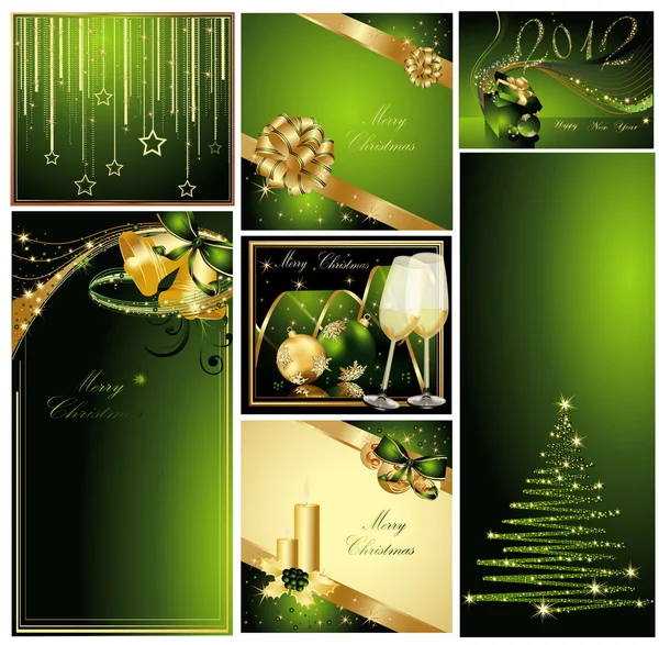 メリー クリスマスと新年あけましておめでとうございますコレクションのゴールドとグリーン — ストックベクタ