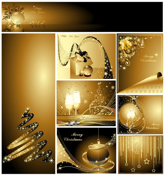 Oro Feliz Navidad y Feliz Año Nuevo colección — Vector de stock