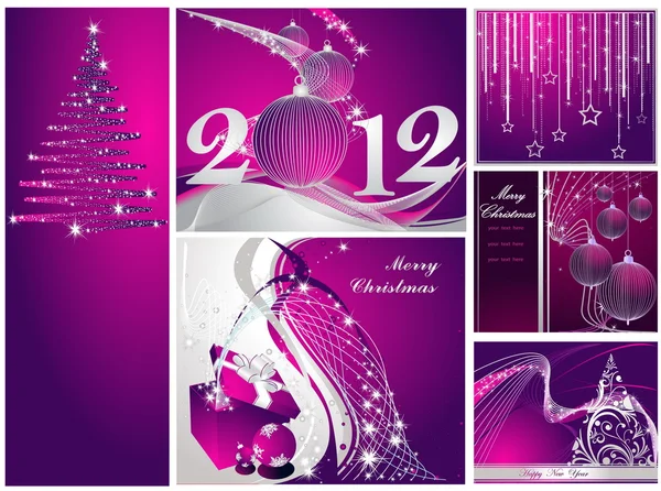 메리 크리스마스, 행복 한 새해 컬렉션은 은과 보라색 — 스톡 벡터