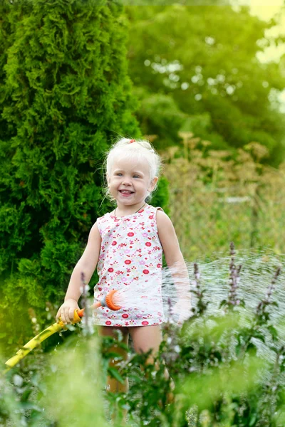 Egy kislány locsolja a füvet a kertben. — Stock Fotó