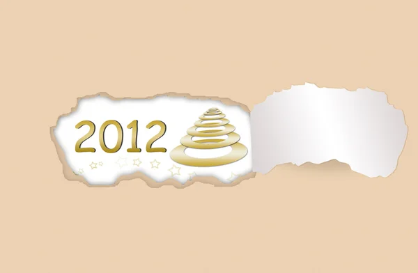 Ripped paper with 2012 and golden Christmas tree background — Stock Photo, Image
