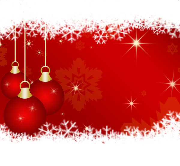 Red Christmas background with snowflakes and balls