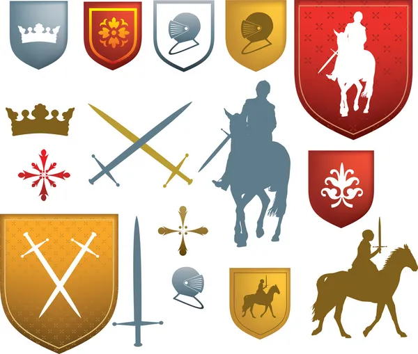 Kleur middeleeuws, middeleeuwse pictogrammen en emblemen — Stockvector
