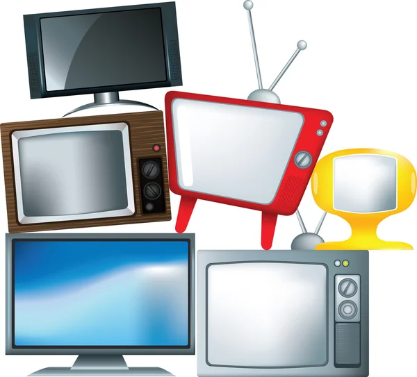 Diferentes tipos de televisão em uma pilha —  Vetores de Stock