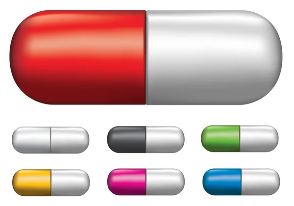 Conjunto de cápsulas de comprimidos de diferentes colores — Vector de stock