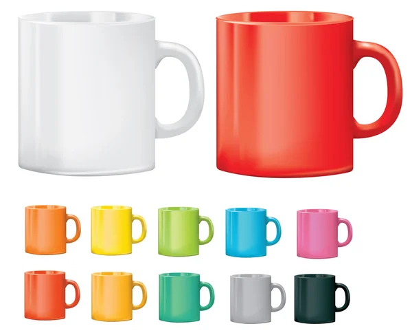 Seleção de copos ou canecas em cores diferentes — Vetor de Stock