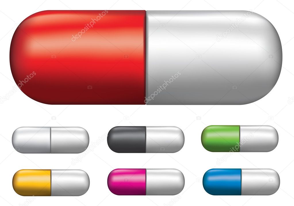 Set of different coloured tablet capsules