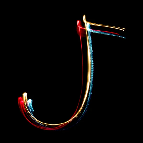Letra J hecha de luces de neón de colores brillantes — Foto de Stock