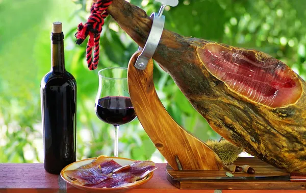 Jamón Spanyolország és vörös bor. Stock Kép