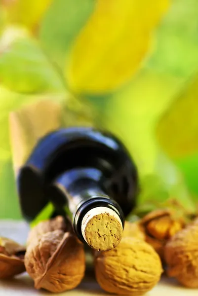 Fles wijn en wallnuts. — Stockfoto