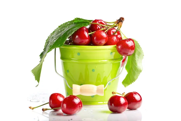 Fresh cherries with leaves and drops — Stock Photo, Image