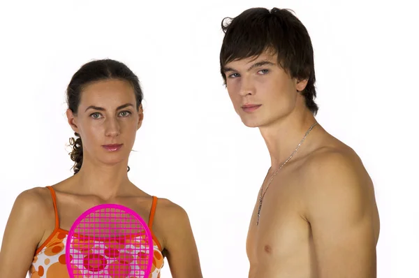 Portrait of a girl and a young athlete with a naked torso — Stock Photo, Image