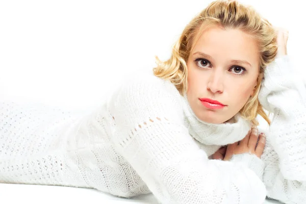 Lady in white sweater — Stock Photo, Image