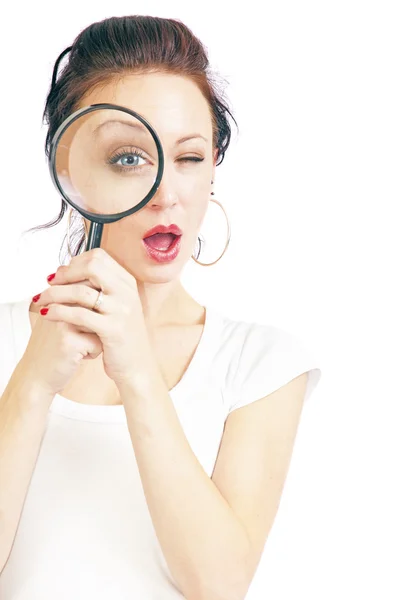 Pretty Young Woman With Magnifying Glass — Stock Photo, Image