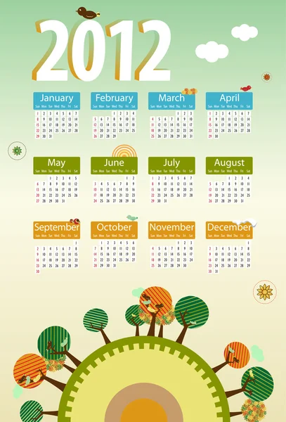 Calendário 2012 planeta retro ambiental com árvores, pássaros, flor — Vetor de Stock