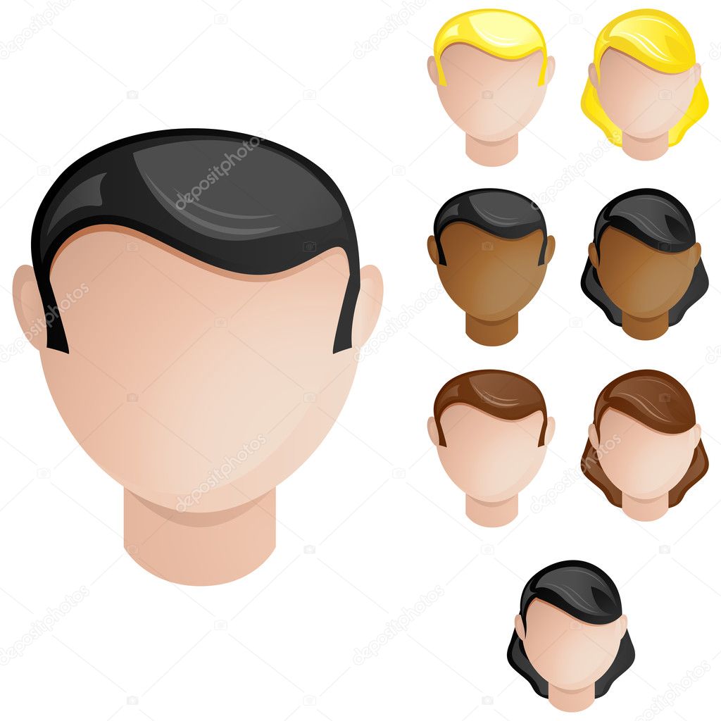 Heads Male and Female. Set of 4 hair and skin colors