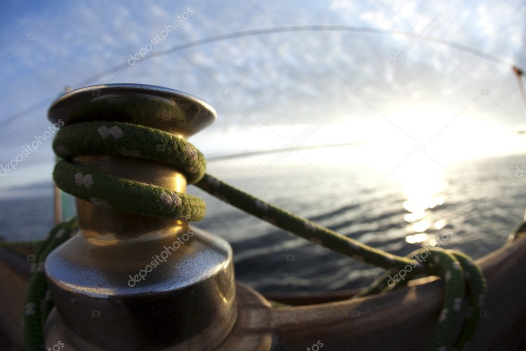Rope on sailing boat in the sea
