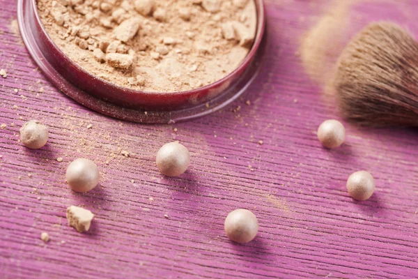 Face powder, make up powder on pink background — Stock Photo, Image