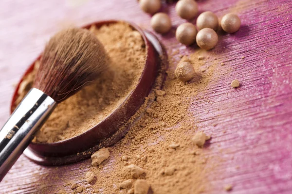 Face powder, make up powder on pink background — Stock Photo, Image