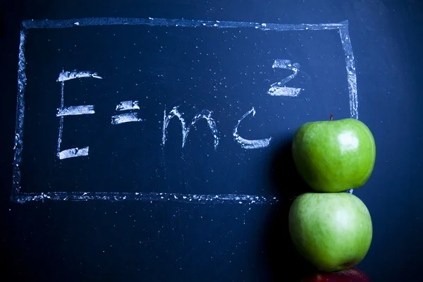 stock image Apple on a chalkboard, healthy breakfast at school