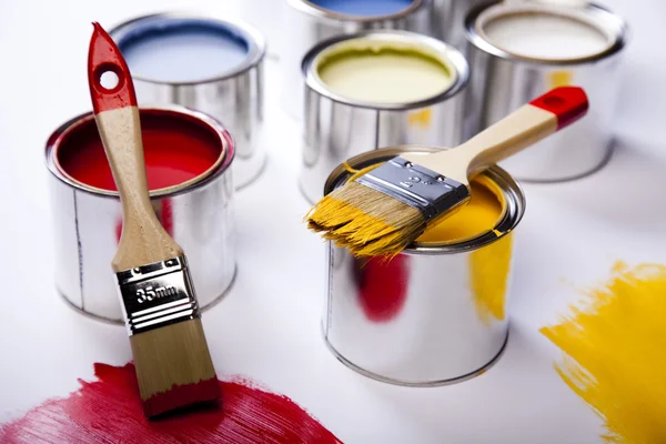 Paint brush and cans — Stock Photo, Image