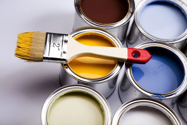 Paint, cans, brush — Stock Photo, Image