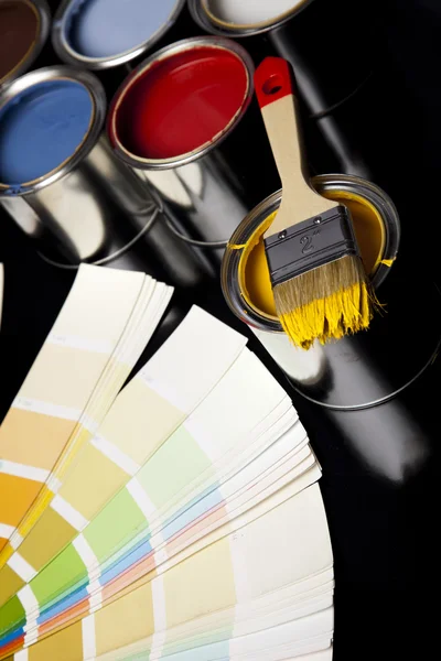 Paint buckets, paint and brush — Stock Photo, Image