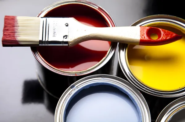 Paint, cans, brush Stock Photo