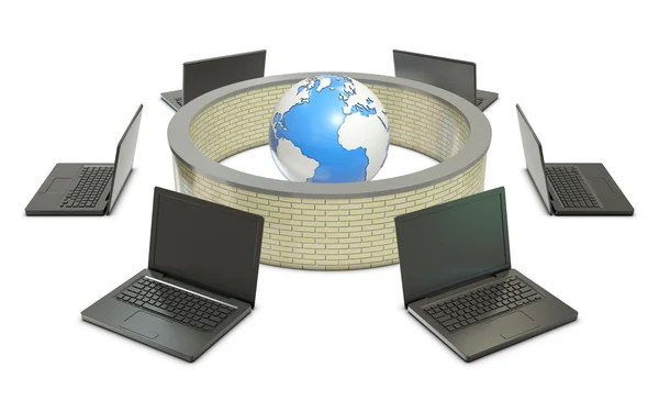 stock image Earth and laptops with abstract firewall