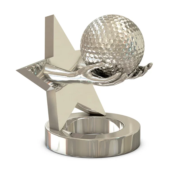 Серебряный трофей со звездой, руками и мячом для гольфа — стоковое фото
