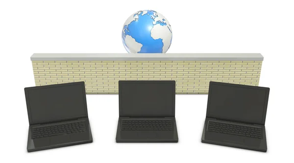Erde und Laptops mit abstrakter Firewall in der Mitte — Stockfoto