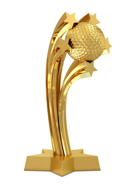 Золотой трофей с мячом для гольфа и звездами — стоковое фото