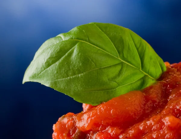 Tomatensaus met basilicum blad achtergrond — Stockfoto