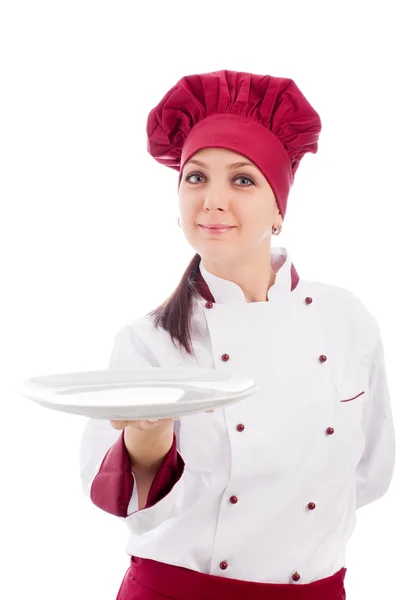 Chef-kok presenteert haar schotel — Stockfoto