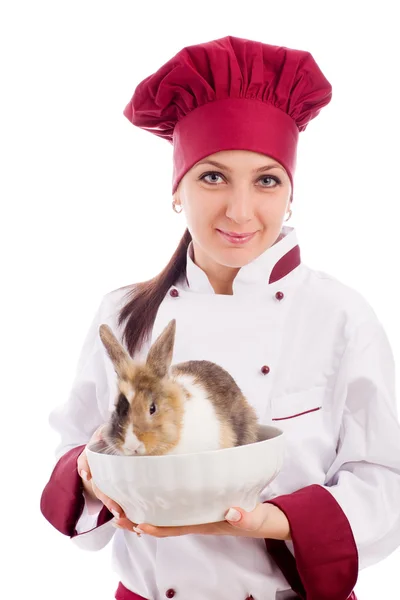 Chef with dwarf rabbit inside a bowl — Stock Photo, Image