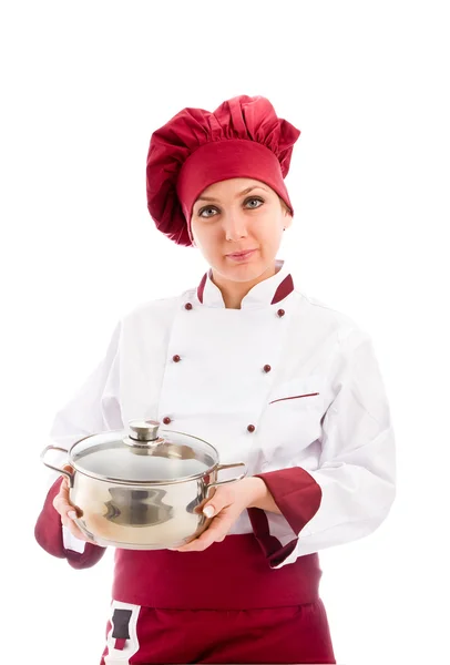 Chef with pot in her hands — Stock Photo, Image