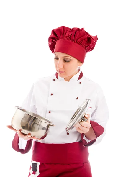 Chef-kok met pot in haar handen — Stockfoto