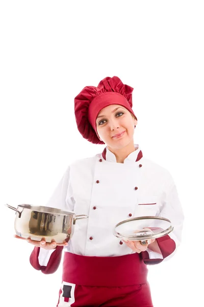 Chef with pot in her hands — Stock Photo, Image
