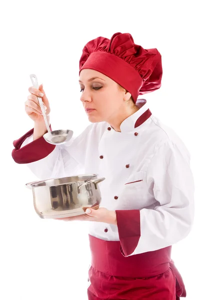 요리사 그녀의 음식 맛보기 — 스톡 사진